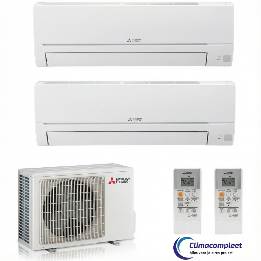Mitsubishi Electric Multi-Split airco set met één MXZ buitenunit en twee MSZ-SF-VE wandmodellen (binnenunits). Inclusief twee bedrade/draadloze afstandsbedieningen. Geschikt voor klimaatbeheersing in twee afzonderlijke zones.