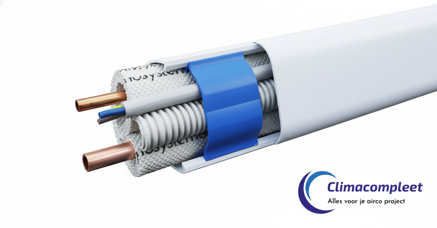 Blauwe Tecnosystemi Leidingklem BF75 voor 75 mm airco leidinggoot, om leidingen te organiseren.
