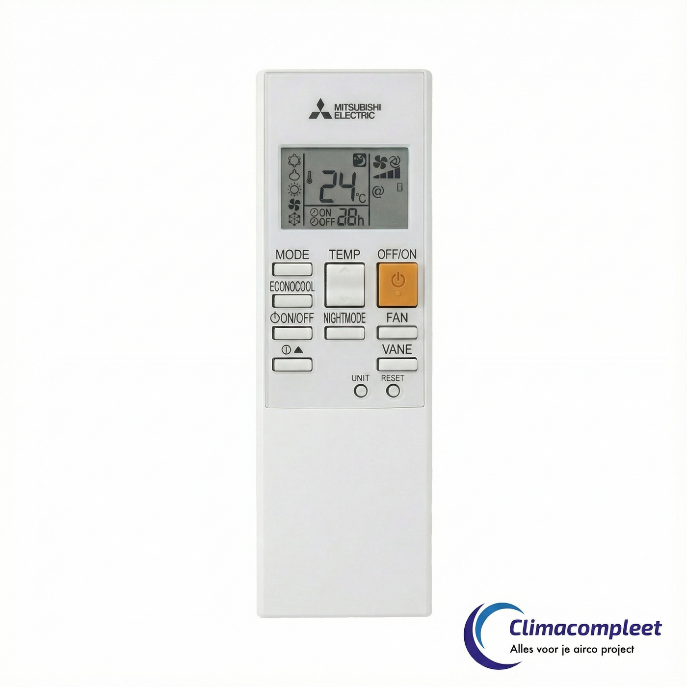 raadloze afstandsbediening van Mitsubishi Electric, model RLA050A700B of vergelijkbaar, voor het bedienen van MSZ split-unit airconditioners. Duidelijk digitaal scherm met temperatuur (24°C), timer- en bedrijfsmodus indicaties. Voorzien van knoppen voor o.a. MODE, TEMP, ECONOCOOL en NIGHTMODE.