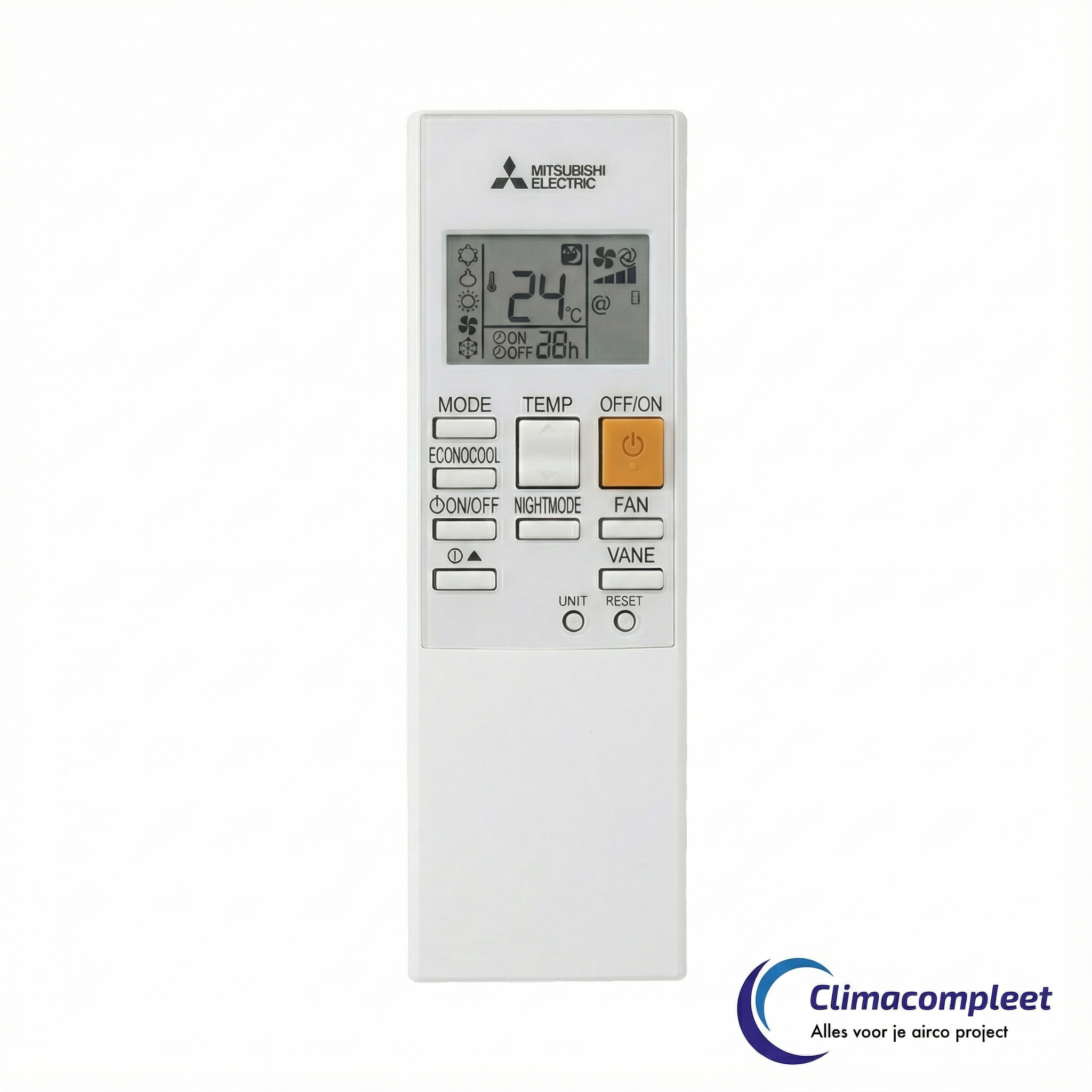 raadloze afstandsbediening van Mitsubishi Electric, model RLA050A700B of vergelijkbaar, voor het bedienen van MSZ split-unit airconditioners. Duidelijk digitaal scherm met temperatuur (24°C), timer- en bedrijfsmodus indicaties. Voorzien van knoppen voor o.a. MODE, TEMP, ECONOCOOL en NIGHTMODE.