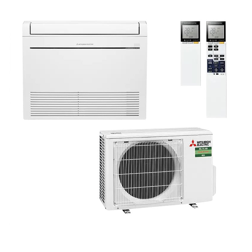 Mitsubishi Electric Vloermodel Airco Systeem (Binnenunit, Buitenunit en Afstandsbedieningen) met R32 Koudemiddel. Ideaal voor Installateurs voor Vloeropstelling in Kantoren en Woningen.