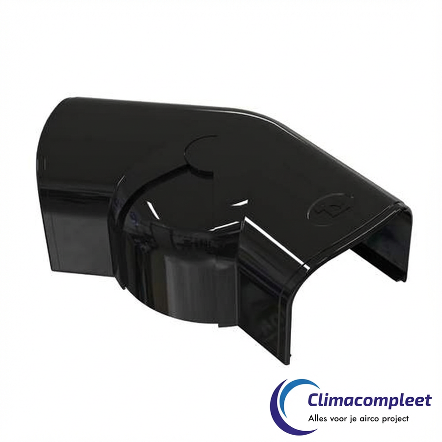 Zwarte Tecnosystemi Optima Verstelbare Bocht RAL 9005 voor flexibele hoekafwerking van de airco leidinggoot op de gevel.