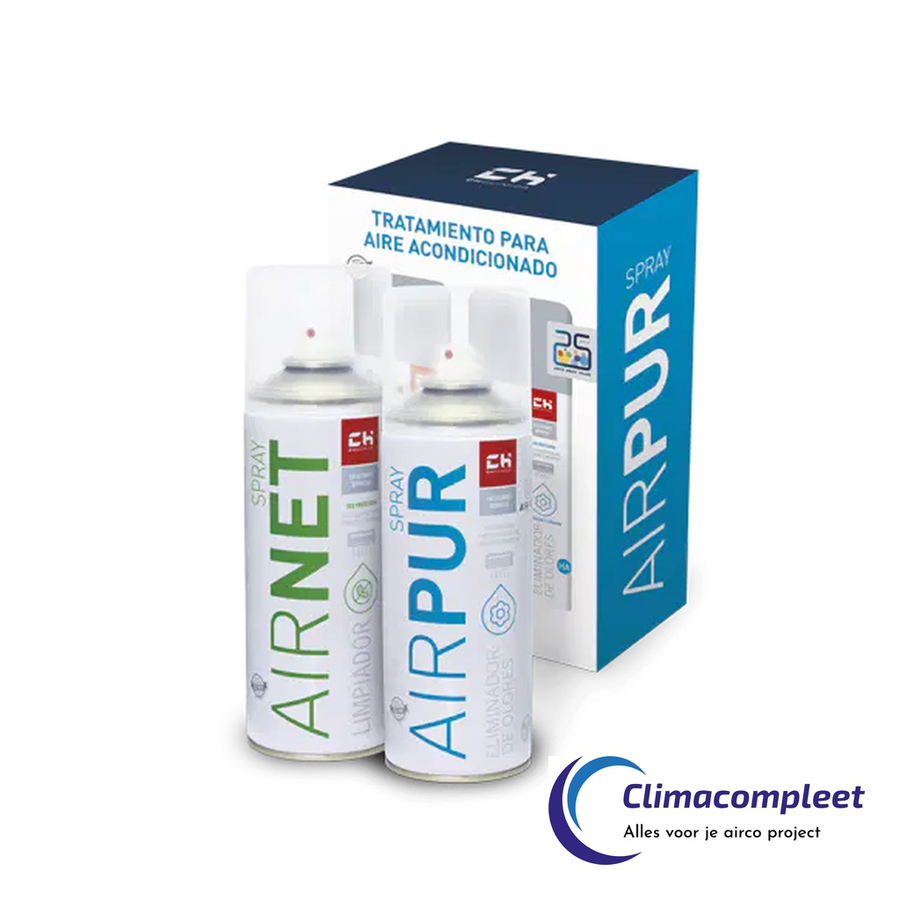 AIRNET en AIRPUR SPRAY set voor airco reinigen desinfecteren en geur verwijderen