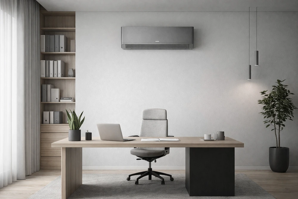 Kaisai Geo+ grijze binnenunit in moderne kantooromgeving