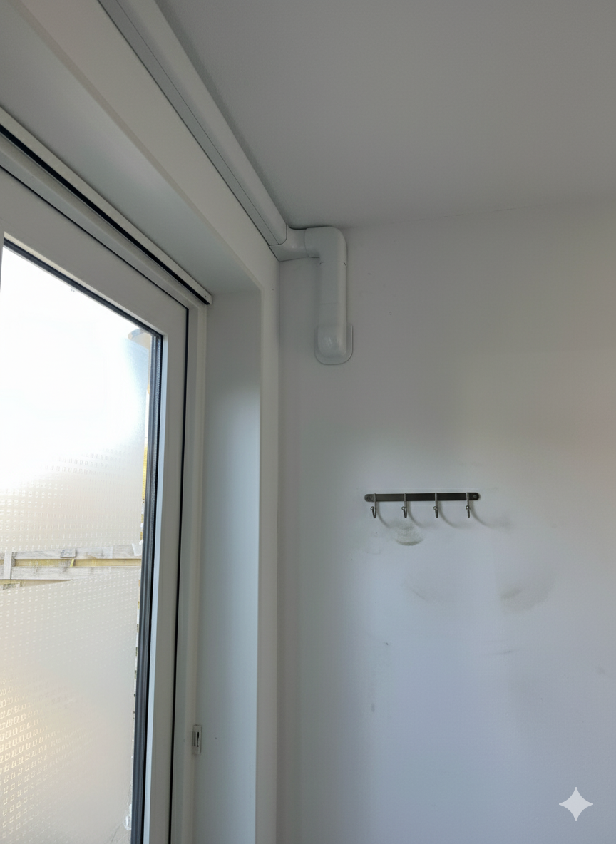 Tecnosystemi leidinggoot langs raamkozijn gemonteerd voor airco koelleiding afwerking
